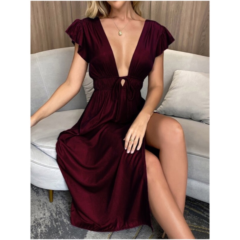 Burgundy Plunging Neck Butterfly Sleeve Maxi Dress - Picture 1 of 12